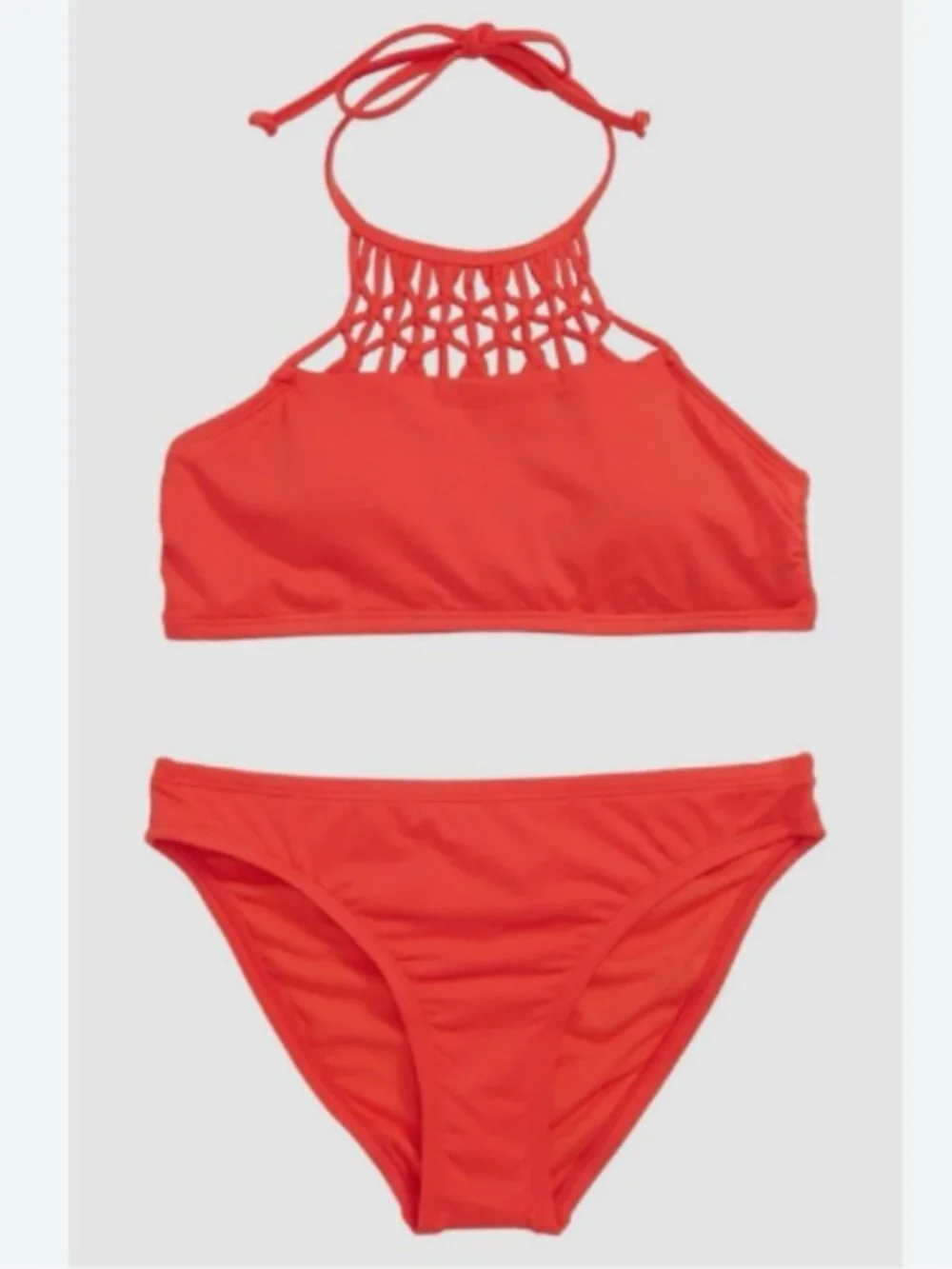 Hobie Kid's Girl's 2-Piece Swimsuit Red High-Neck Macrame Size 8  10960